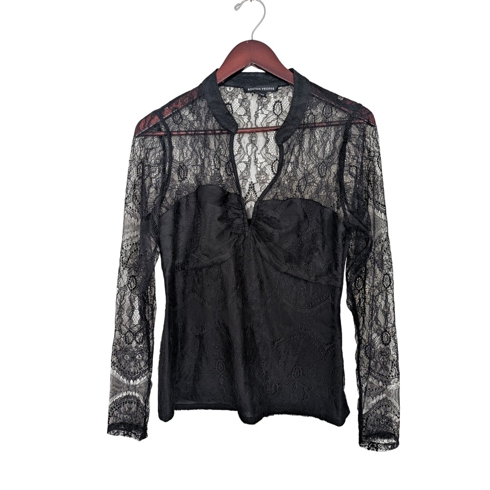 Boston Proper Black Lace Long Sleeve Top M Sheer Yoke V-Neck Blouse RN90674